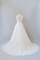 Elegant Long A-line V-neck Appliques Lace Tulle Backless Wedding Dress