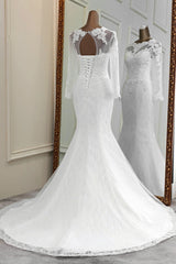 Elegant Long Mermaid Tulle Jewel Wedding Dress with Sleeves