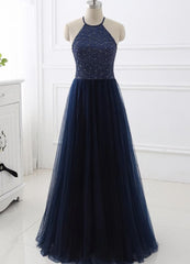 Elegant Navy Blue Halter Beaded Long Evening Dress, Prom Dress