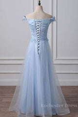 Elegant Off Shoulder Long Sky Blue Lace Prom Dress, Off Shoulder Sky Blue Formal Dress, Sky Blue Lace Evening Dress