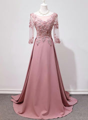 Elegant Pink Long Sleeves Lace Applique Long Party Dress, Pink Prom Dress