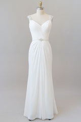 Elegant Ruffle Beading Chiffon Sheath Wedding Dress