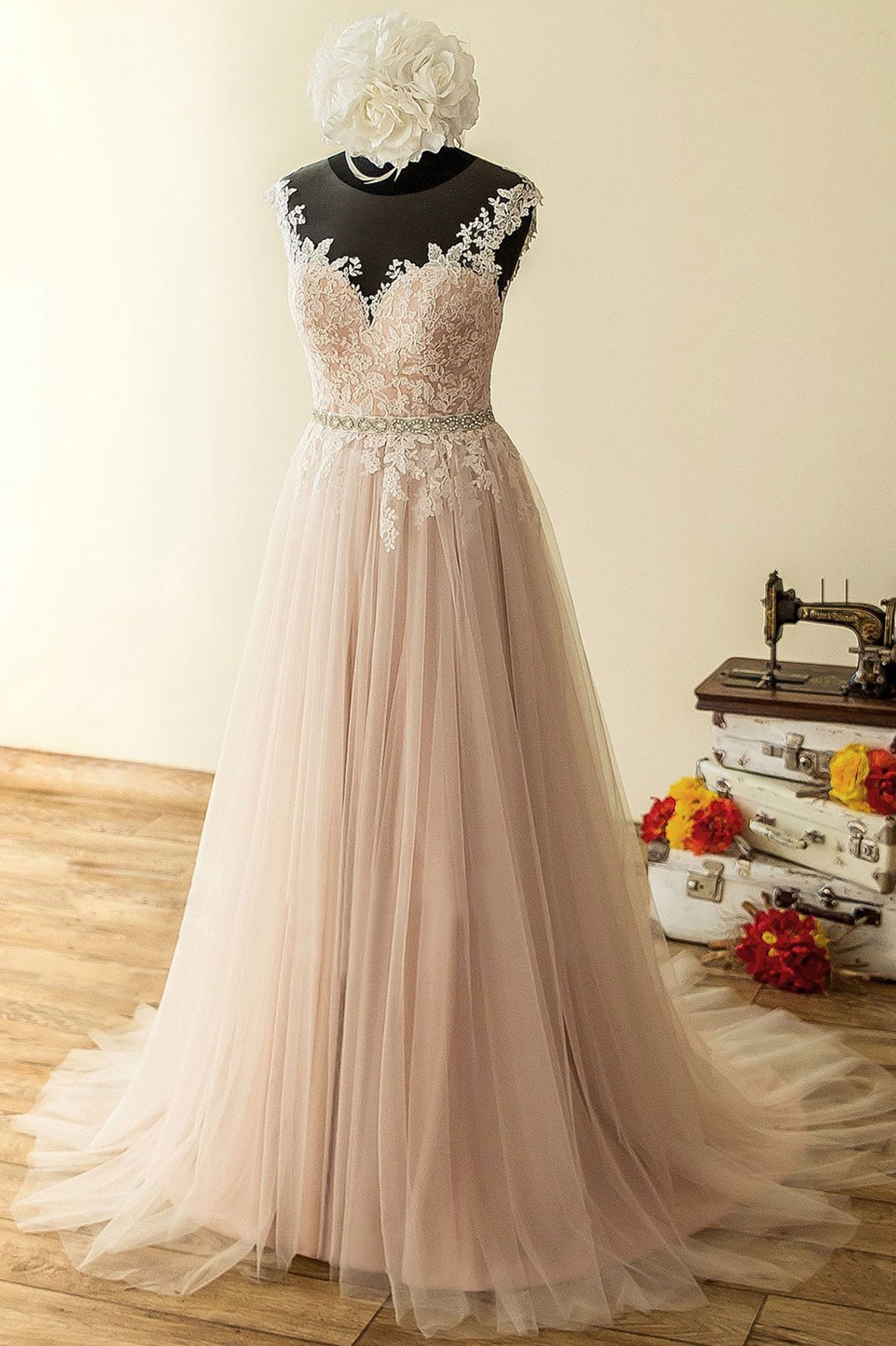 Elegant Tulle Lace Long Prom Dress, A-Line Scoop Neckline Evening Dress