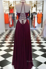 Elegant V Neck Open Back Burgundy Prom Dresses, Open Back Burgundy Formal Dresses, Long Burgundy Evening Dresses