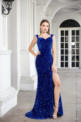 Engerla Royal Blue Sequins Mermaid Evening Dress Sweet Neck Formal Prom Gowns Wedding Bridesmaid Dress