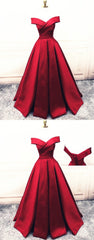 Fashionable Dark Red Satin Simple Off Shoulder Prom Dress, Red Party Dress Evening Dress