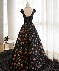 Black Lace Floral Patterns Long Prom Dress, Black Evening Dress