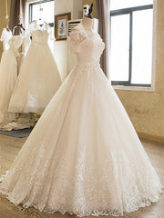 Floor Length Applique Ball Gown Off the Shoulder Lace Tulle 1/2 Sleeves Wedding Dresses