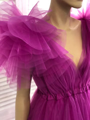 Fuchsia A-line V Neck Tulle Prom Dress