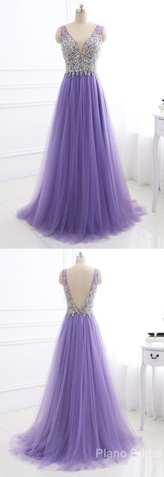 Purple Tulle V Neck Silver Beaded Long Evening Dress, Purple Halter Prom Dress