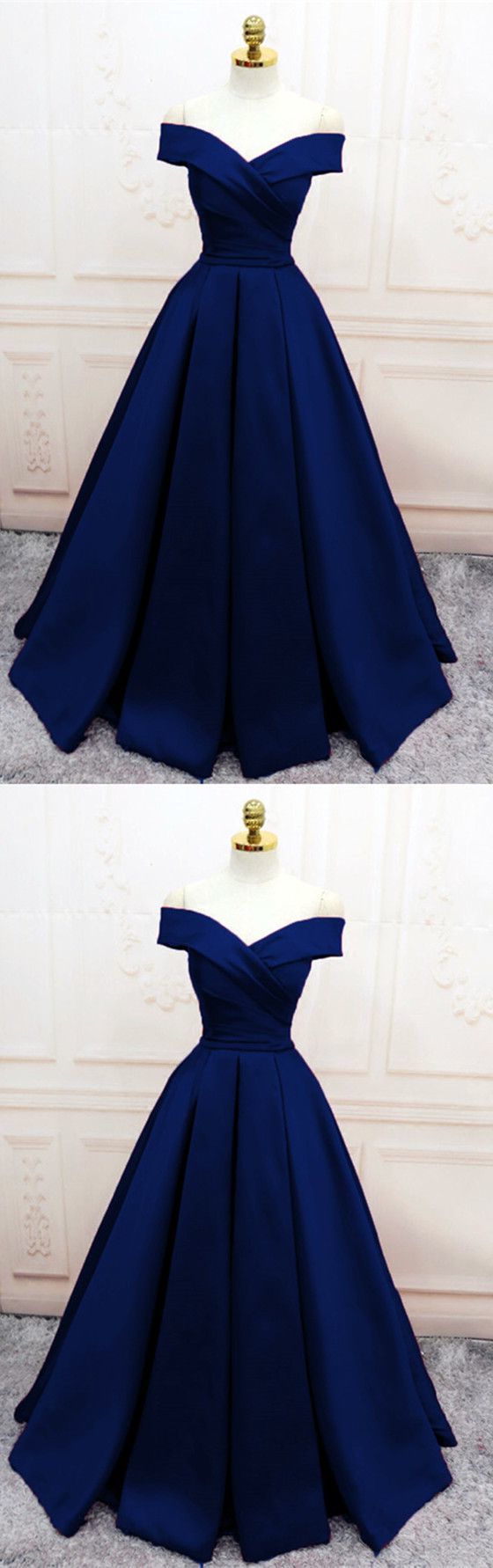 Navy Blue Satin V Neck Off Shoulder Prom Dresses, Long Evening Gowns