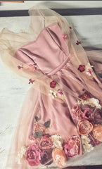 Chic A Line V Neck Hand Made Flower Homecoming Dresses, Unique Short Prom Dress, Long Sleeve Homecoming Dresses