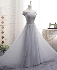 Gray A Line Lace Off Shoulder Prom Dress, Lace Evening Dresses