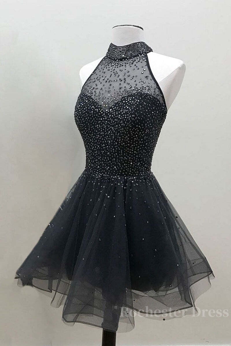 Glamorous A Line High Neck Beaded Tulle Short Black Prom Dresses, Beaded Black Homecoming Dresses, Black Short Formal Graduation Evening Dresses