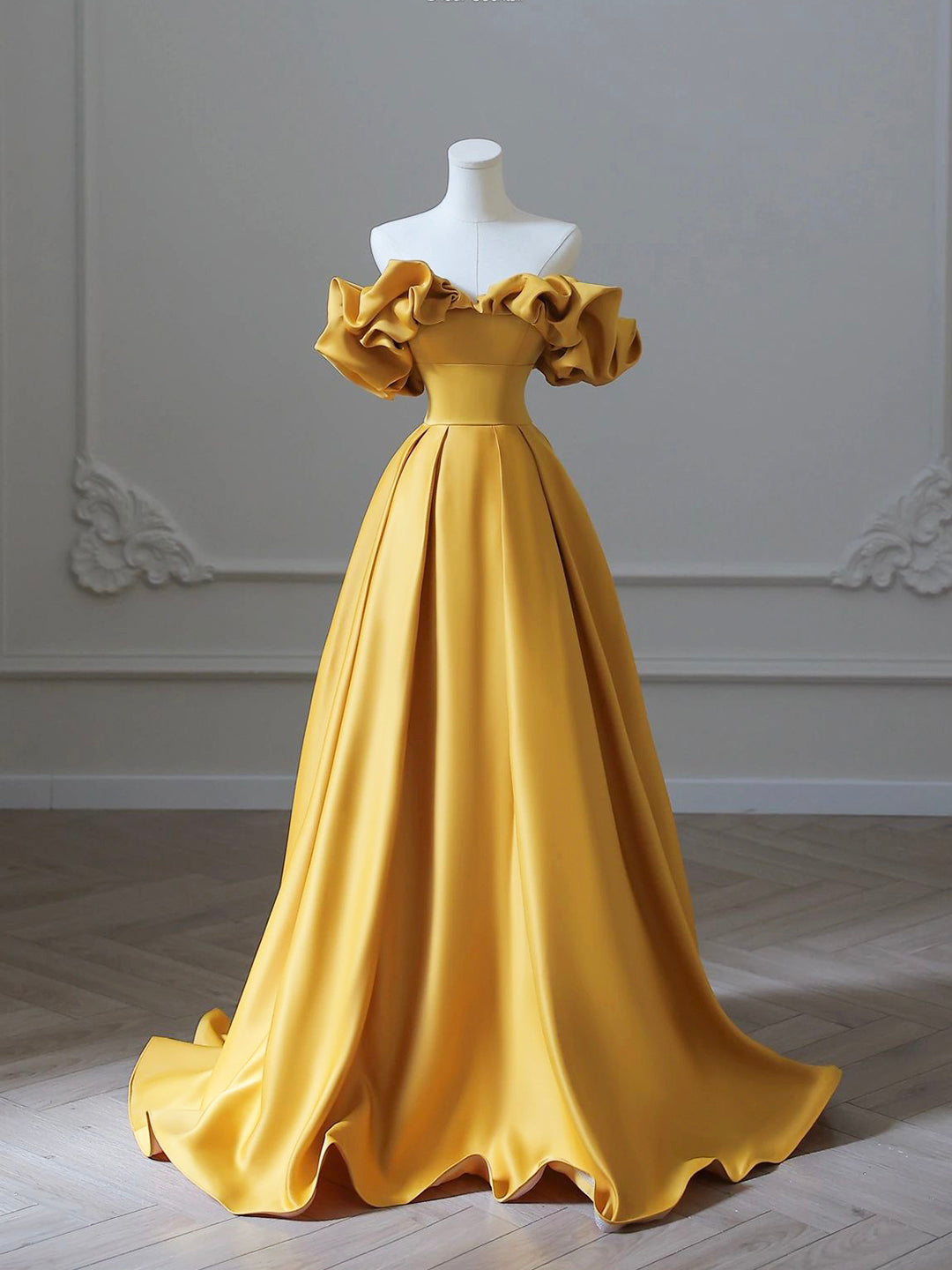 Gold Satin Long Prom Dress, Off Shoulder A-Line Formal Evening Dresses