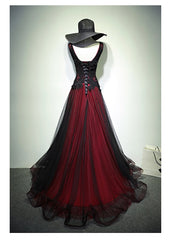 Gorgeous Black And Red V-Neckline Tulle Beaded Prom Dress, Long Evening Gown