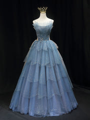 Gorgeous Blue Tulle Layers Beaded Long Wedding Party Dresses, Blue Formal Gown