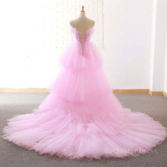 Gorgeous High Low Pink Tulle Long Prom Dresses, Pink Tulle Formal Graduation Evening Dresses