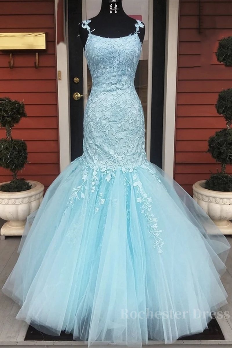 Gorgeous Mermaid Light Blue Lace Long Prom Dresses, Light Blue Mermaid Lace Formal Dresses, Mermaid Lace Evening Dresses