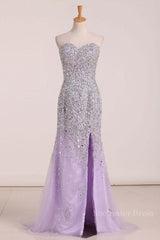 Gorgeous Mermaid Strapless Purple Beaded Long Prom Dresses, Mermaid Purple Beaded Formal Evening Dresses, Purple Ball Gown