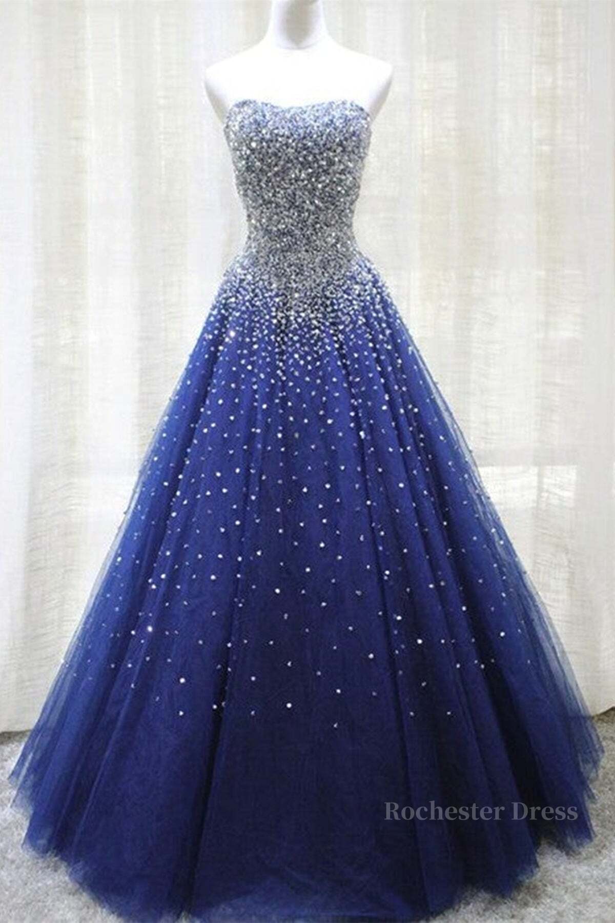 Gorgeous Strapless Blue Tulle Beaded Long Prom Dresses, Beaded Blue Formal Evening Dresses, Beaded Ball Gown