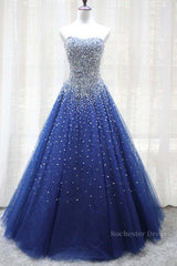 Gorgeous Strapless Blue Tulle Beaded Long Prom Dresses, Beaded Blue Formal Evening Dresses, Beaded Ball Gown