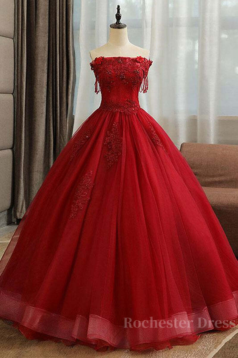 Gorgeous Strapless Burgundy Lace Beaded Long Prom Dress, Lace Burgundy Formal Evening Dress, Burgundy Lace Ball Gown