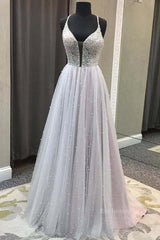 Gorgeous V Neck Backless Beaded Gray Tulle Long Prom Dresses, Backless Grey Formal Graduation Evening Dresses