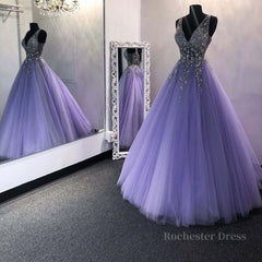 Gorgeous V Neck Beaded Purple Tulle Long Prom Dress, V Neck Purple Formal Evening Dress, Purple Ball Gown