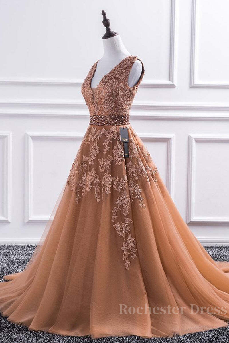 Gorgeous V Neck Champagne Lace Long Prom Dress, Champagne Lace Formal Graduation Evening Dress