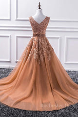 Gorgeous V Neck Champagne Lace Long Prom Dress, Champagne Lace Formal Graduation Evening Dress