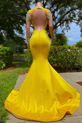 Gorgeous Yellow Long Mermaid Tassel Off the Shoulder Satin Backless Prom Dress with Ruffles