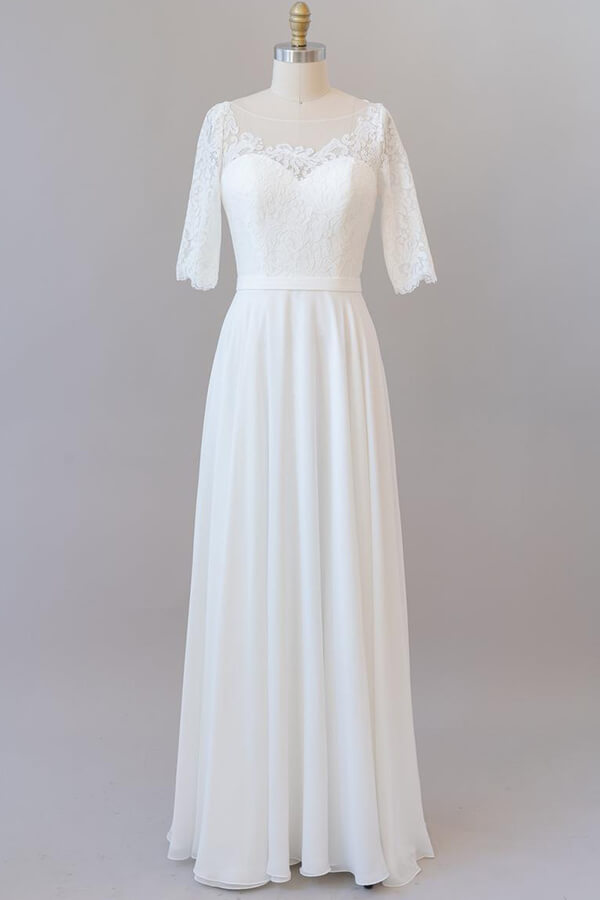 Graceful Long A-line Lace Chiffon Wedding Dress with Sleeves