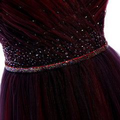 Gradient Beaded Wine Red Tulle Long Party Dress, A-line Wine Red Prom Formal Dresses