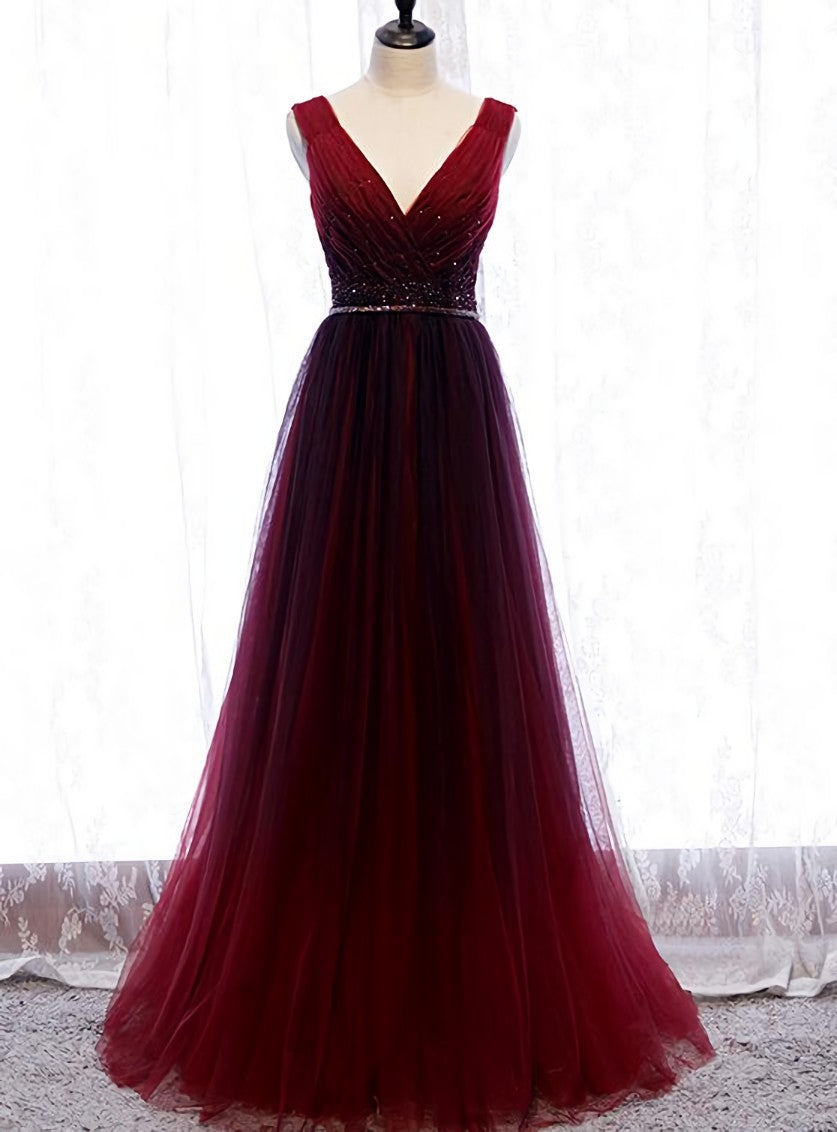 Gradient Beaded Wine Red Tulle Long Party Dress, A-line Wine Red Prom Formal Dresses