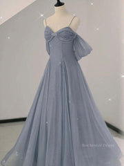 Gray A line tulle off shoulder prom dress, gray long evening dress