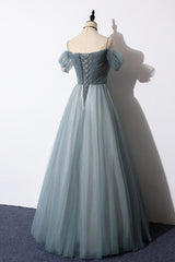 Gray Blue Spaghetti Strap Tulle Floor Length Prom Dress, Off Shoulder Evening Party Dress