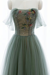 Gray Green Tulle Beaded Long Prom Dress, A-Line Evening Dress