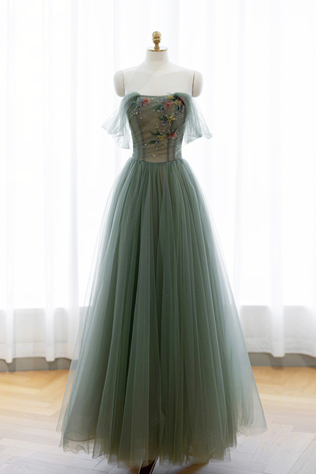 Gray Green Tulle Beaded Long Prom Dress, A-Line Evening Dress