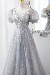 Gray Lace Long A-Line Prom Dress with Sequins, Cute Short Sleeve Evening Dress