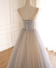 Gray Purple Round Neck Tulle Long Prom Dress, A line Formal Graduation Dress