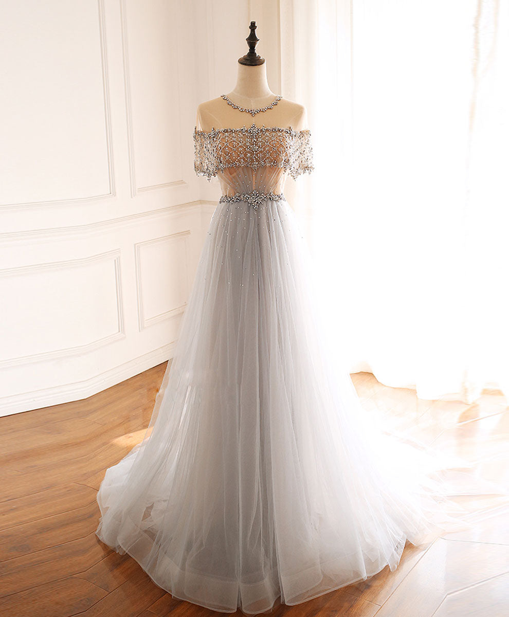 Gray Round Neck Tulle Beads Long Prom Dress Forma Graduation Dresses