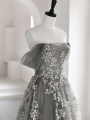 Gray Sweetheart Neck A line Lace Long Prom Dress, Gray Formal Dress