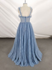 Gray Sweetheart Neck Tulle Lace Long Prom Dress Blue Formal Dress