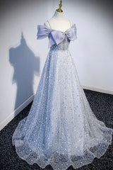 Gray Tulle Beaded Long Prom Dress, Off the Shoulder Evening Dress with Bow