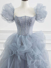 Gray tulle beads long prom dress, gray tulle formal dress