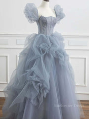 Gray tulle beads long prom dress, gray tulle formal dress