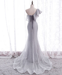 Gray Tulle Mermaid Long Prom Dress Gray Tulle Formal Dress