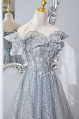 Gray Tulle Sequins Long A-Line Prom Dress, Off the Shoulder Graduation Dress