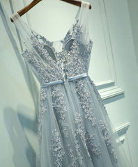 Gray V Neck Lace Tulle Long Prom Dress, Lace Evening Dress